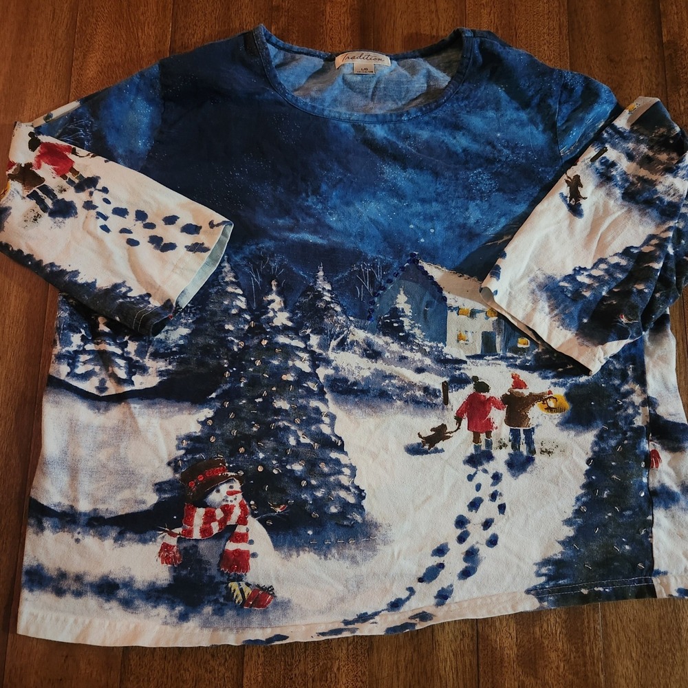 Tradition Winter Scene Snowman Christmas Trees Long Sleeve Shirt size 14 cotton
